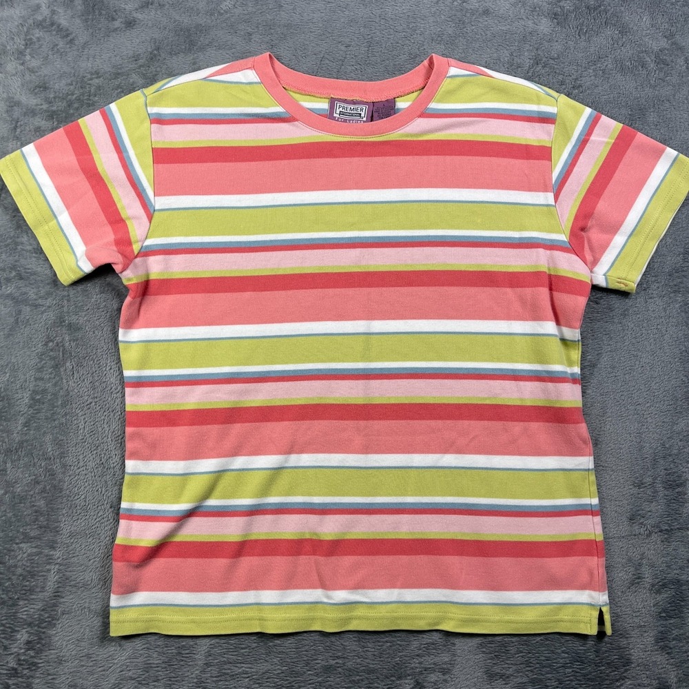 Premier International Blouse Top Womens L Multicolor Striped Short Sleeve Cotton